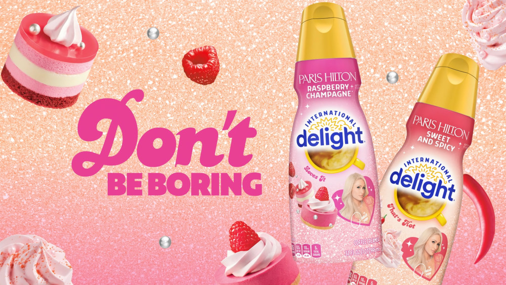 thumbnail video image 2 of International Delight Paris Hilton Raspberry Champagne Coffee Creamer Bottle, 32 fl oz, 2 of 14