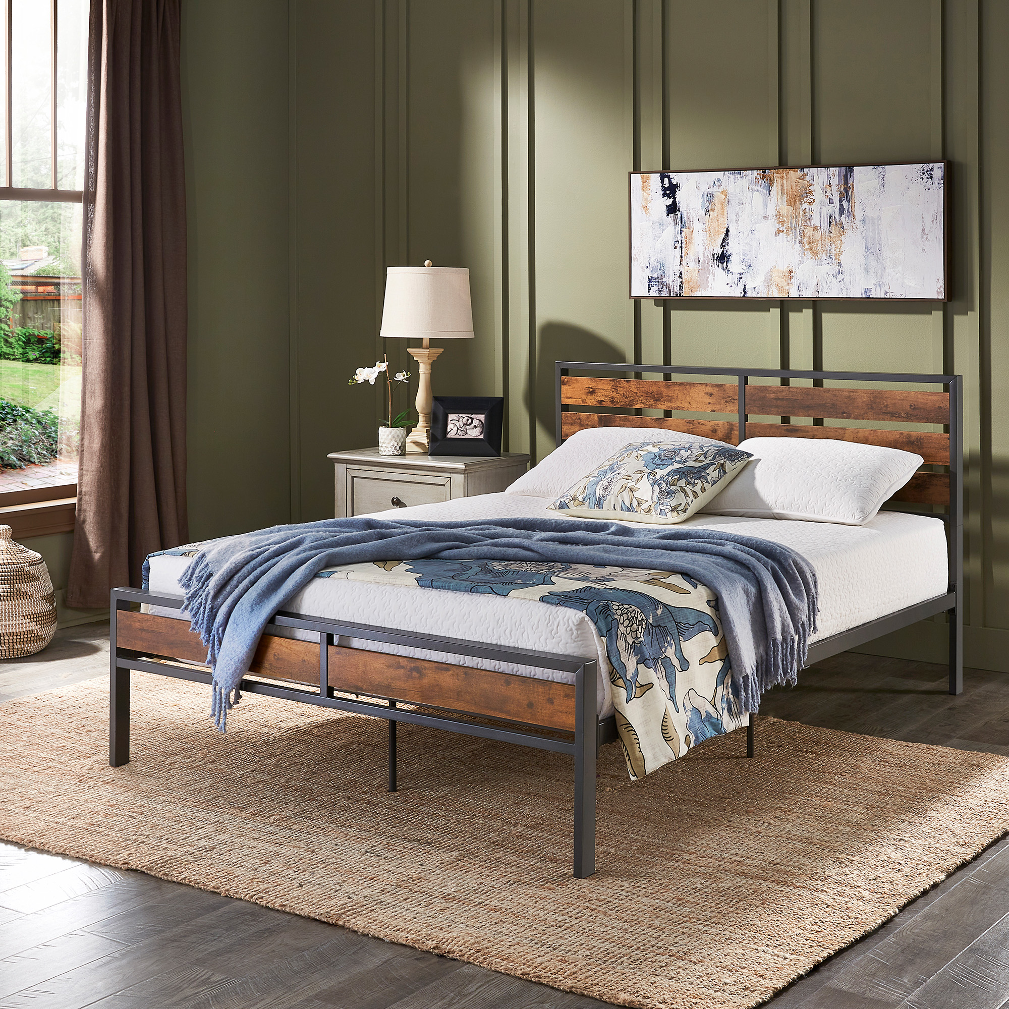 Low Profile Metal Platform Bed with Wood Finish Panels