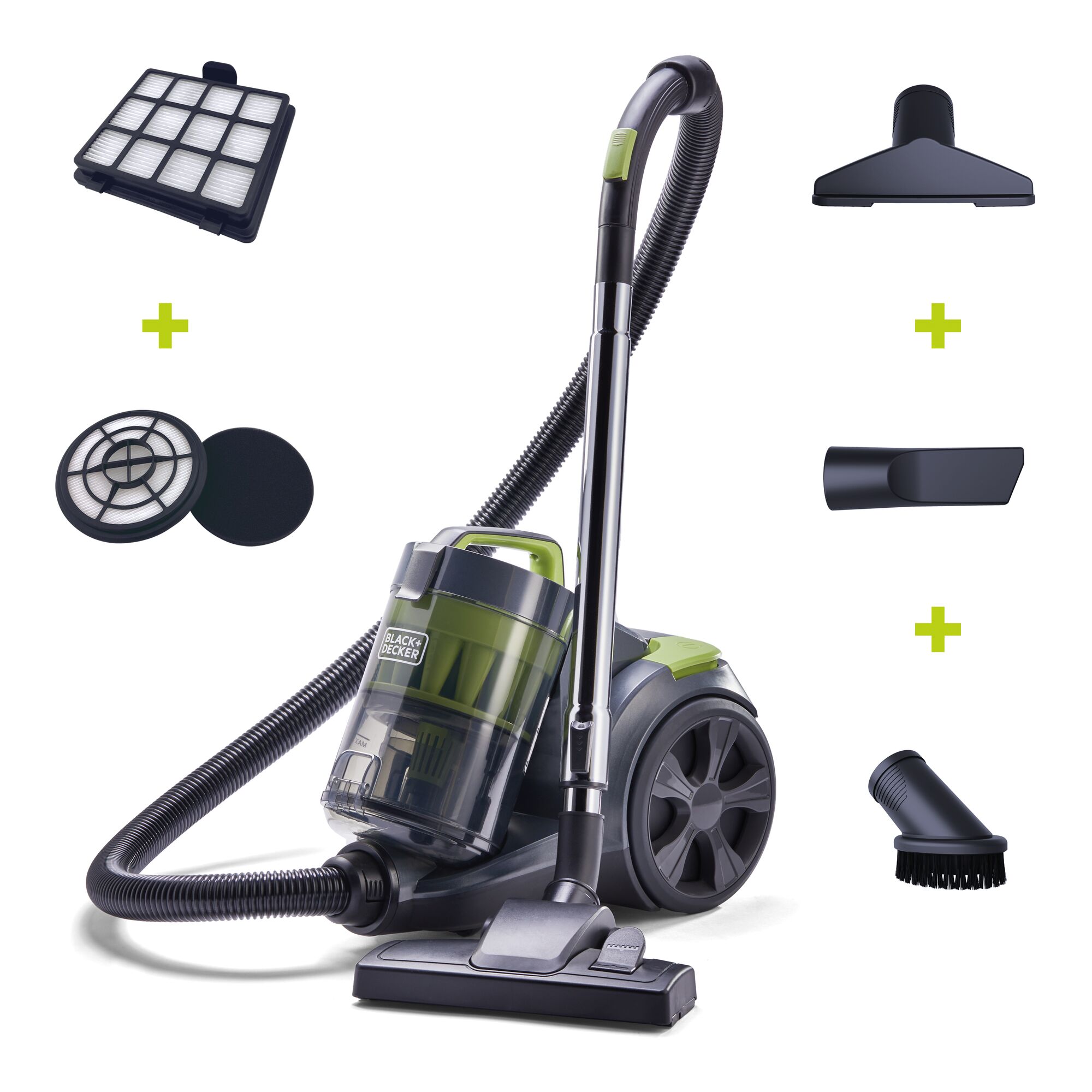 Bagless Multi-Cyclonic Canister Vacuum with included accessories on a white background.