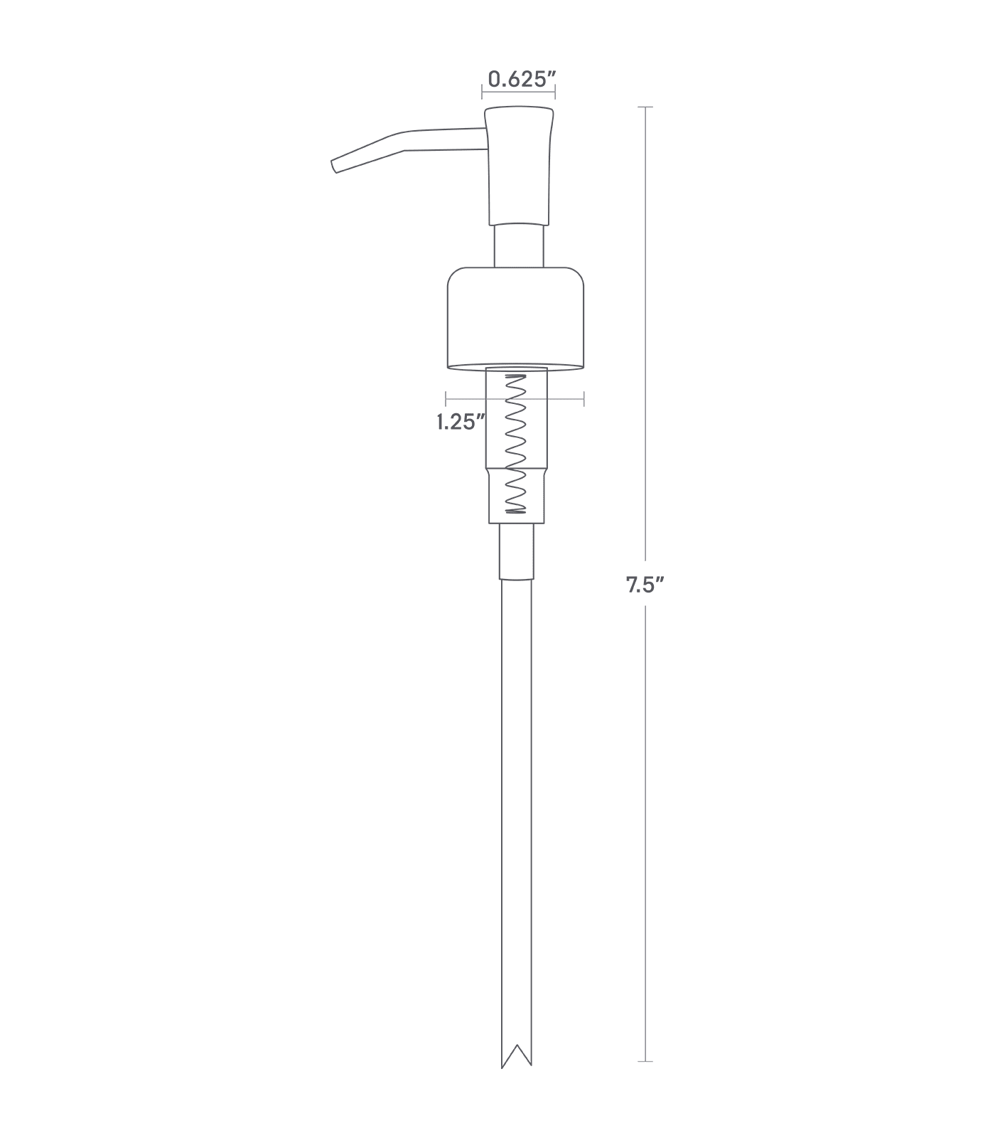 Dimension image for Replacement Dispenser Pump with a total height of 7.5 inches, a pump top diameter of 0.625 inches, a pump base diameter of 1.25 inches.