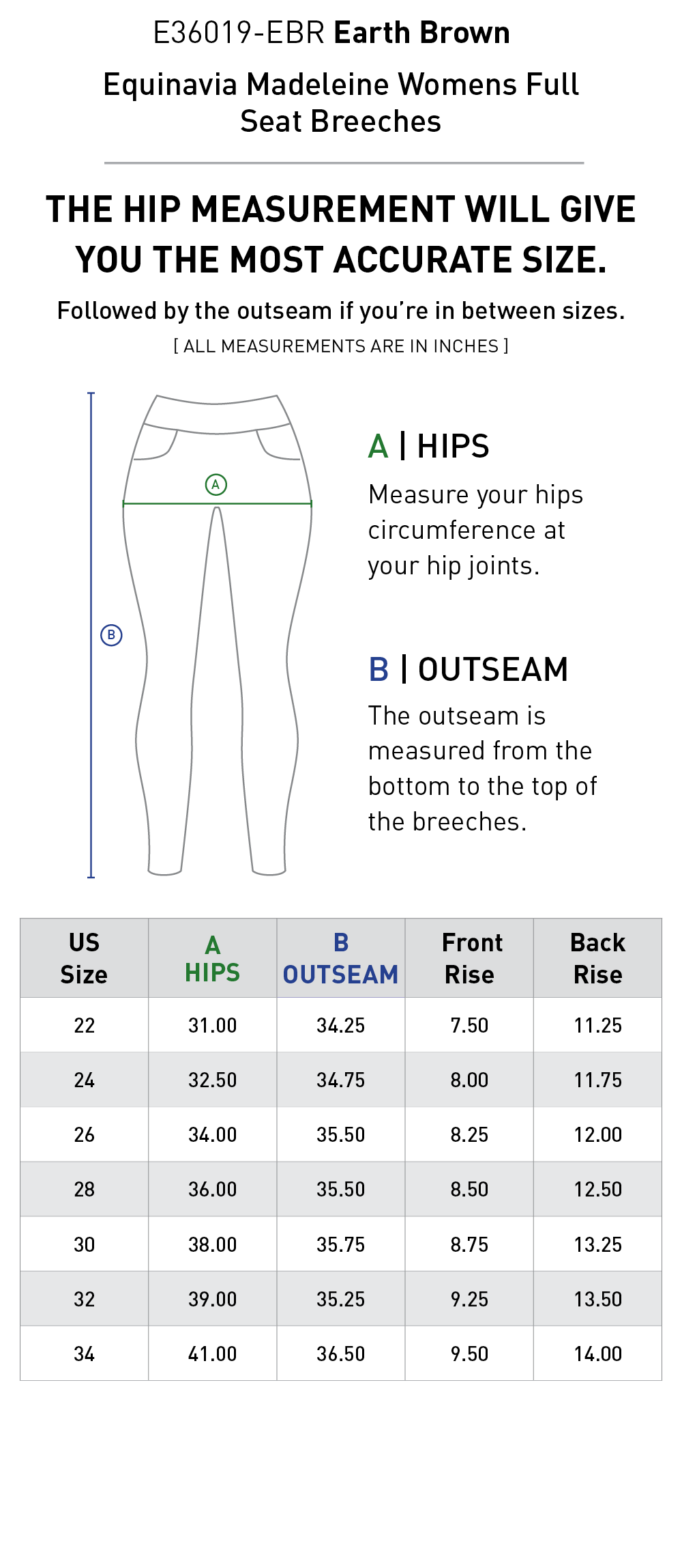Size chart for Equinavia Madeleine Womens Full Seat Breeches - Earth Brown