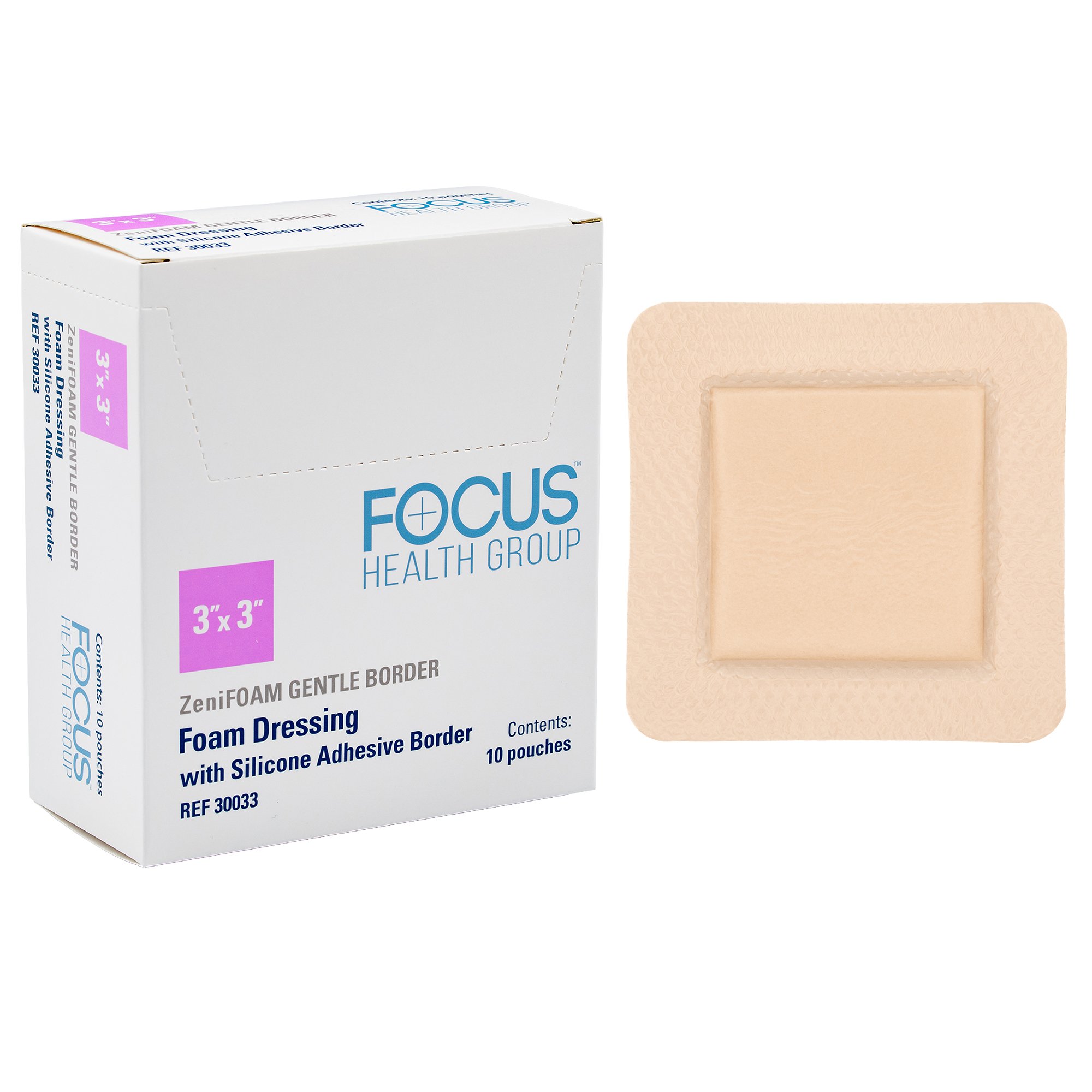Focus Health Group DRESSING, FOAM ZENIFOAM GENTLEW/SIL ADH BORDER 3X3" (10/BX)