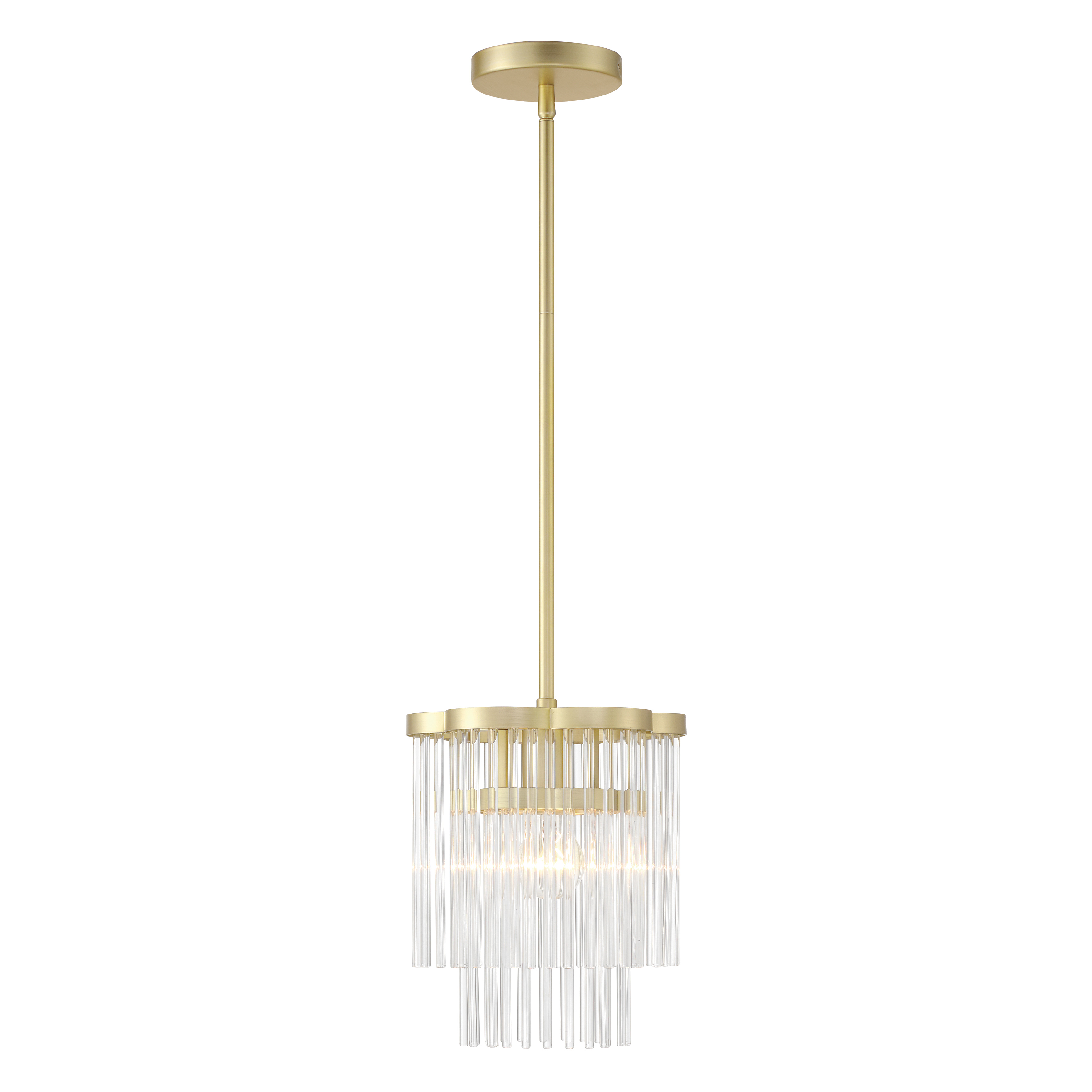The Azura mini pendant combines contemporary styling with artisanal craftsmanship. Prismatic crystal rods create beautiful light refraction while the heirloom brass finish adds warmth and sophistication to any space. - alternate view