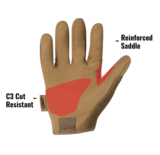 Cut Resistant High Abrasion Air Mesh Touch Gloves in Tan (EN Level 3) MFXC3AM-70 showing C3 Cut Resistant and Reinforced Saddle