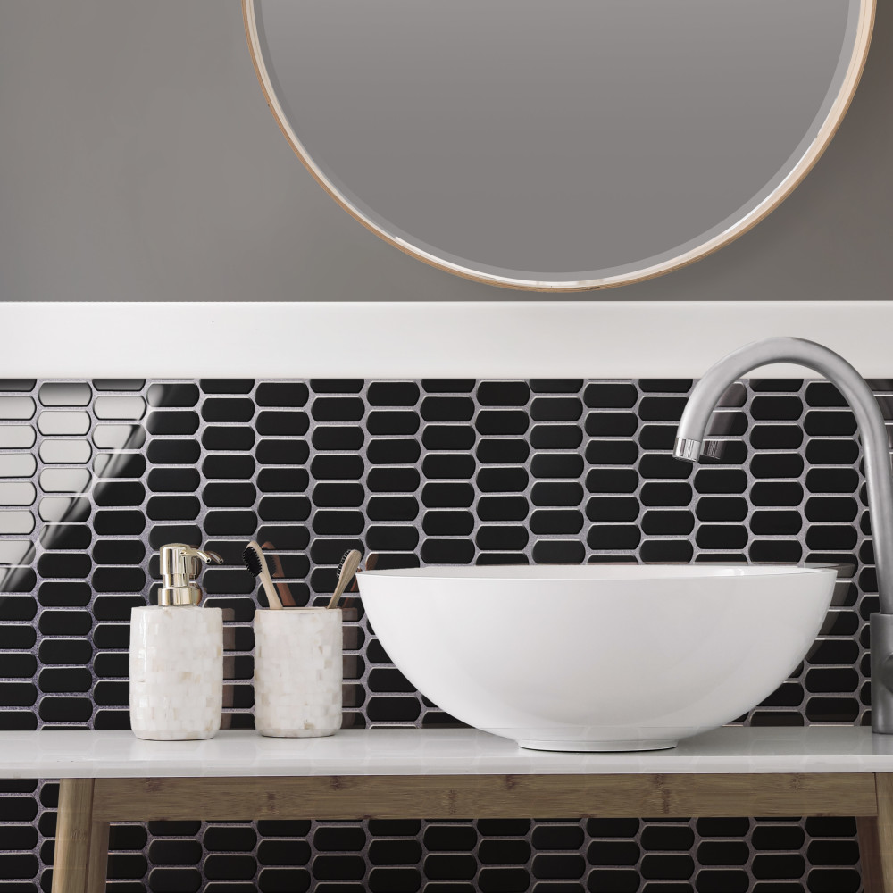 Hudson Capsule Glossy Black 12-1/4 in. x 13-1/8 in. Porcelain Mosaic Tile