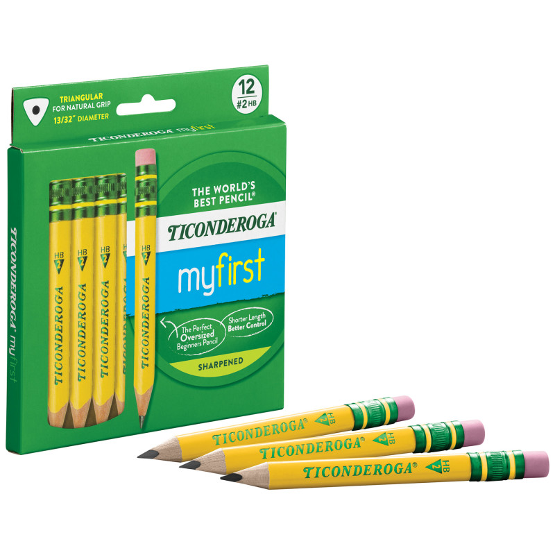 My First® Short Wooden Pencils, Large Triangle Barrel, Sharpened, #2 HB Soft, With Eraser, Yellow, 12 Count