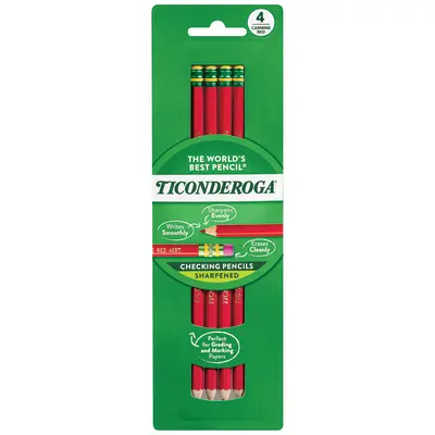 Ticonderoga Erasable Checking Wood-Cased Pencils, Pre-Sharpened, Red, 4 Count