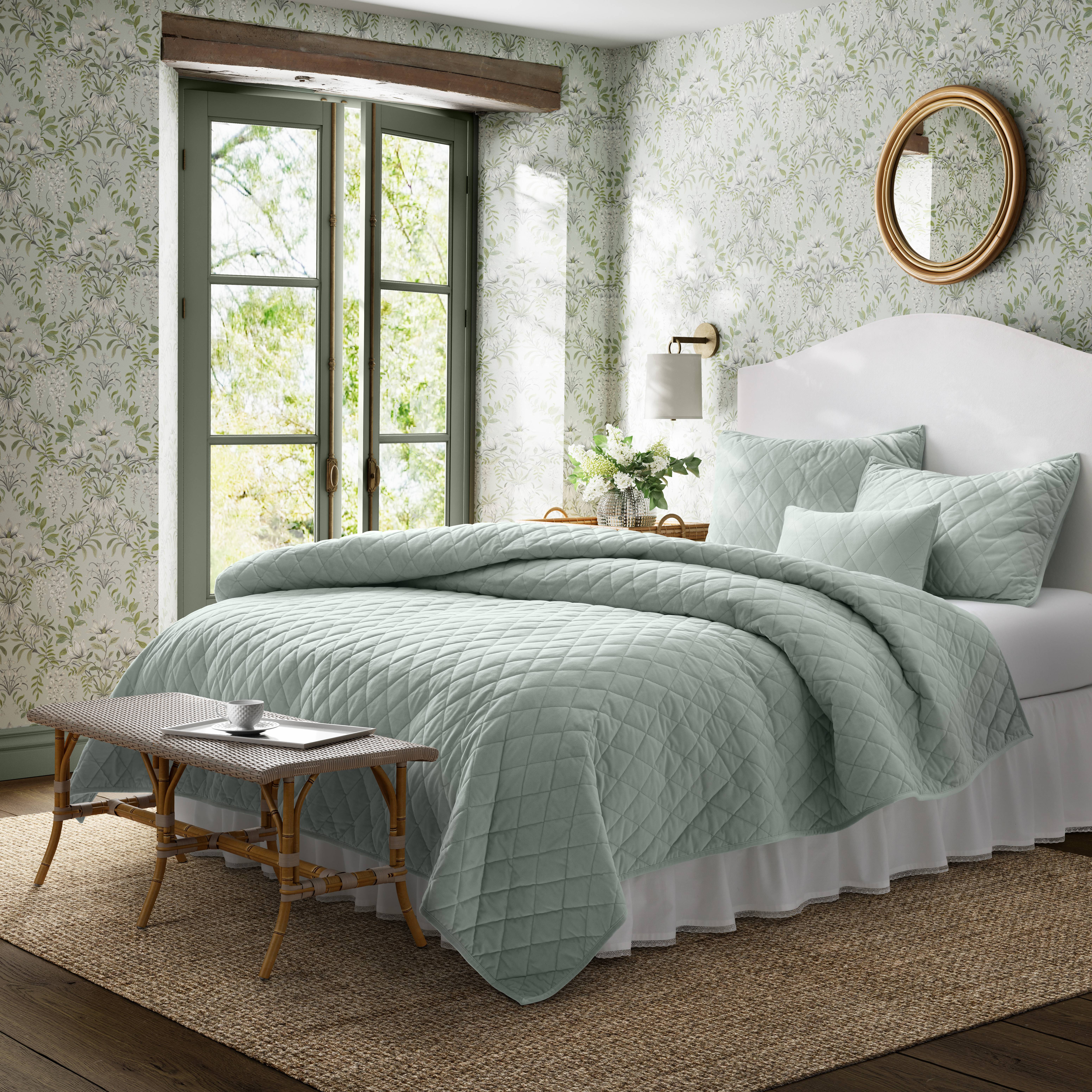 Laura Ashley Velvet Quilt-Sham Multi-Piece Sets (Solid Diamond Stitch-Green) - Picture 7 of 15