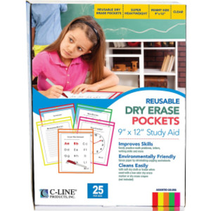 Reusable Dry Erase Pockets, Neon Colors, 9 x 12, Pack of 25