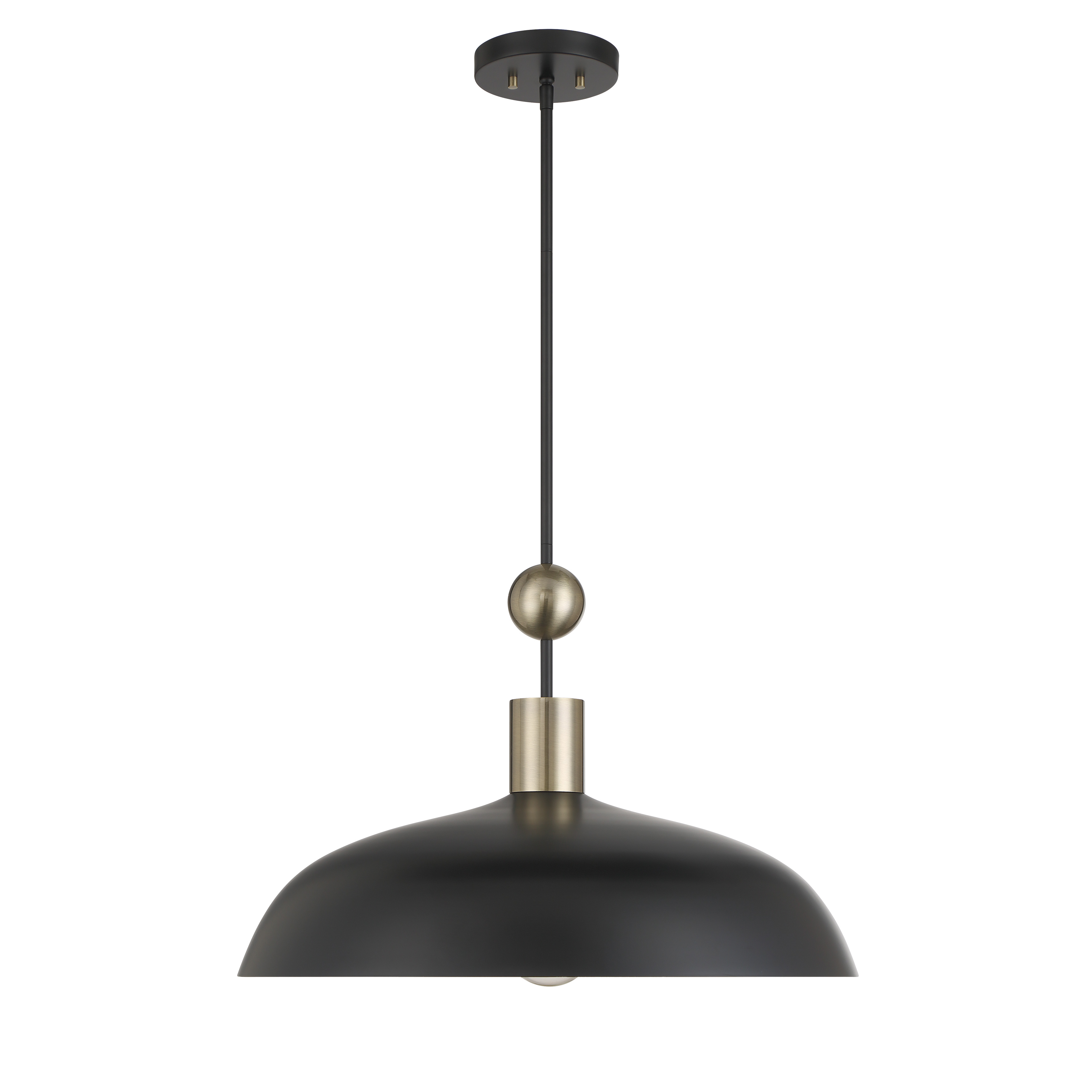 The Biloxi pendant combines coal black steel with weathered antique brass detailing for an industrial aesthetic. Its compact 10.75" size makes it perfect for kitchen islands, breakfast nooks, or clustered installations. - alternate view