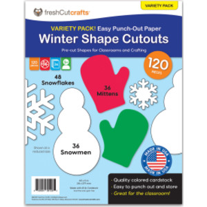 Punch Out Paper Cutouts, Winter Shapes, Snowflakes, Mittens & Snowman, 120 Pieces
