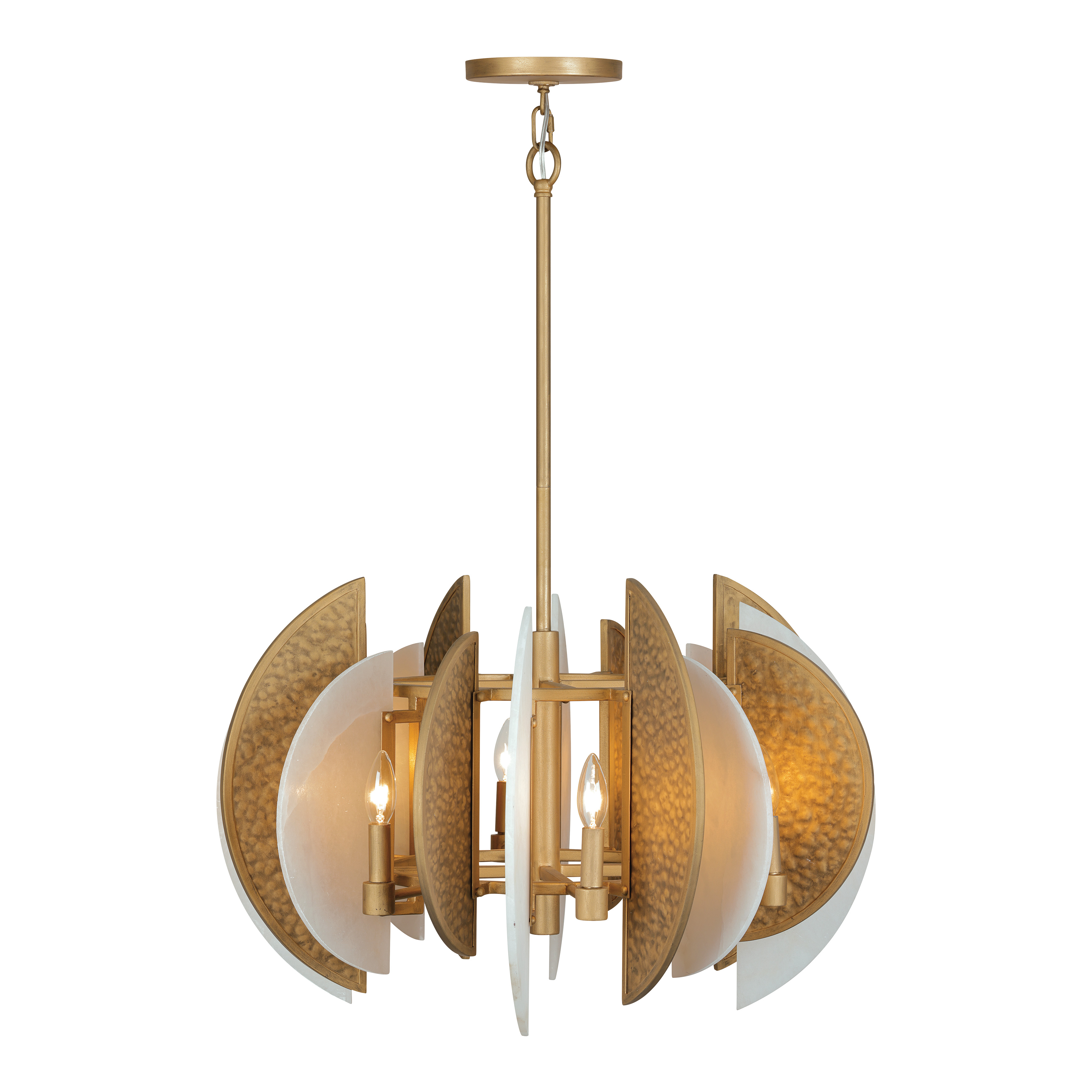 The Saint Martin pendant combines organic alabaster stone with hammered metal panels in a warm Ashen Gold finish. This Robin Baron design delivers substantial presence with its 28-inch width and 8-light configuration, creating dramatic illumination perfect for dining spaces and grand entryways. - alternate view