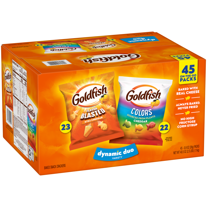 Goldfish® Colors Cheddar and Flavor Blasted Xtra Cheddar Crackers, 45 count box, 40.5 oz, bag - Left Angle Image