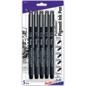 Pointliner Pen, Assorted Sizes, Black Pigment Ink, 5-Pack