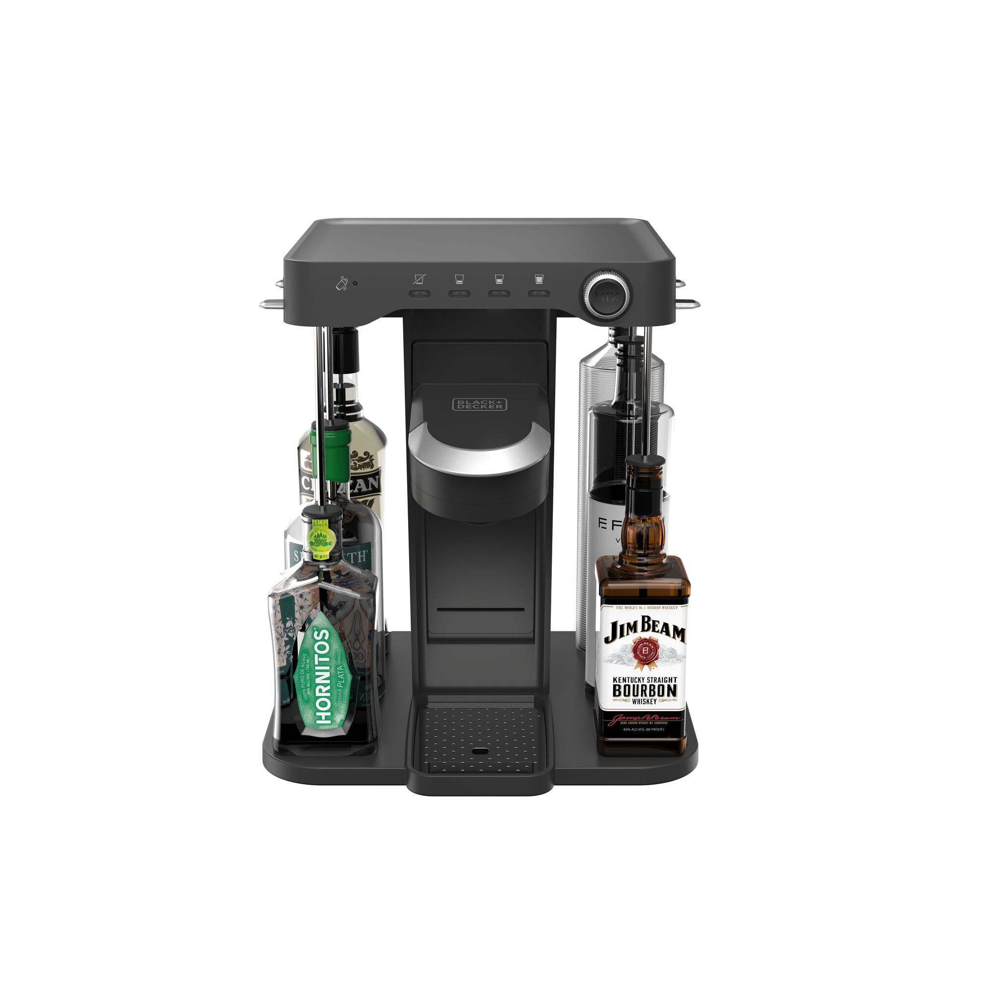 overhead front view of bev by BLACK+DECKER(TM) cordless cocktail maker wth with Jim Beam brand liquor bottles and blue LEDs illuminated underneath