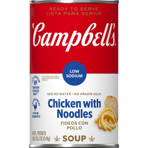 Campbell’s Ready to Serve Low Sodium Chicken with Noodles Soup, 50 Ounce Cans, 12-Pack