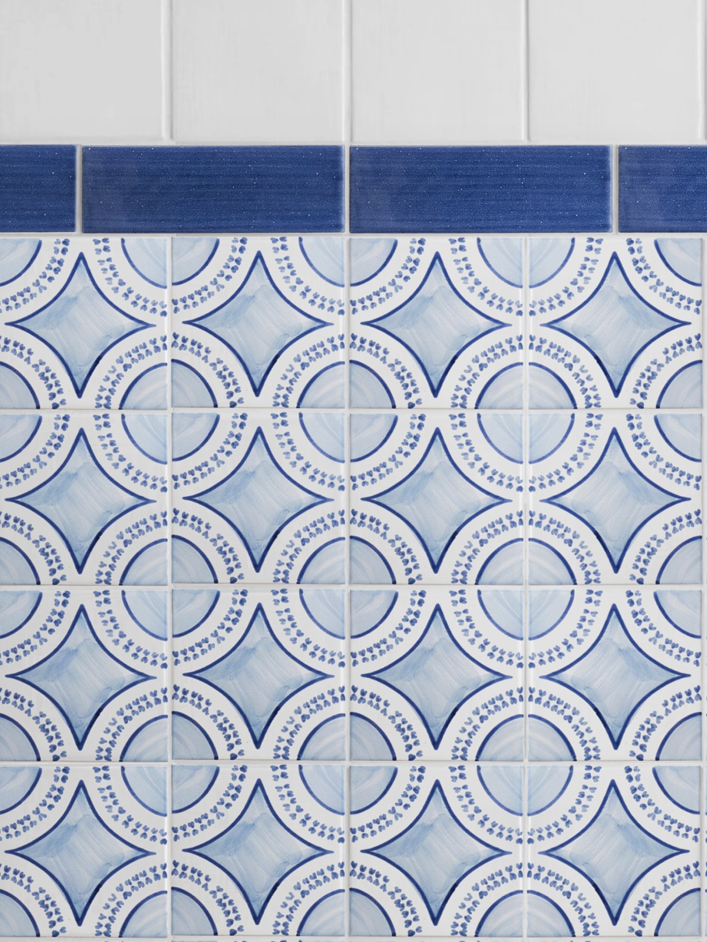 a blue and white tiled bathroom with a circular pattern.