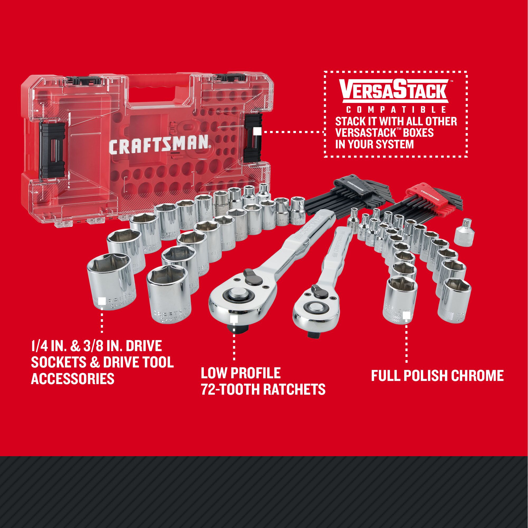 CRAFTSMAN Low Profile 71 piece Mechanics Tool Set with features and benefits highlighted