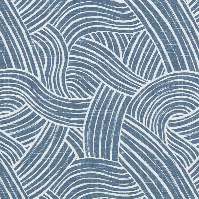 Blue-and-white patterned wallpaper featuring overlapping, curved parallel stripes that weave into braided waves; linen-textured surface, decorative covering on a flat wall with muted, even lighting.