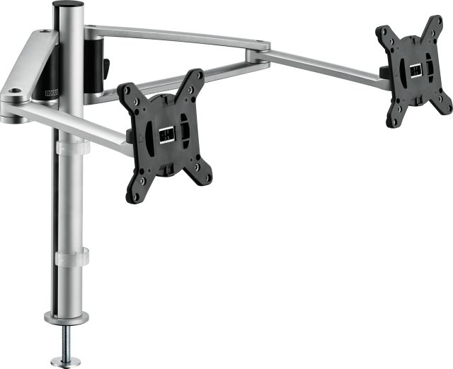A dual monitor arm set with a drill screw for comfortable display of two monitors.