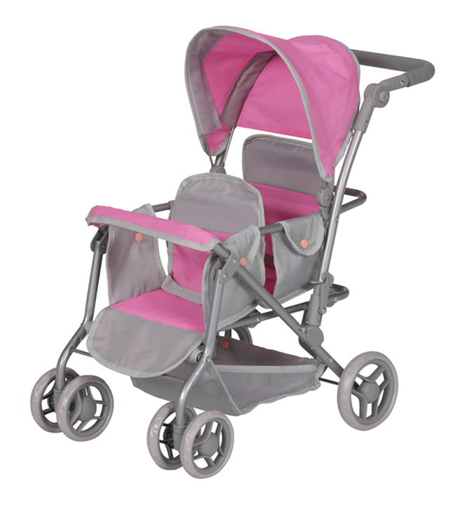 thumbnail video image 2 of Cruise Folding Inline Double Doll Stroller - Gray/Pink, 2 of 10