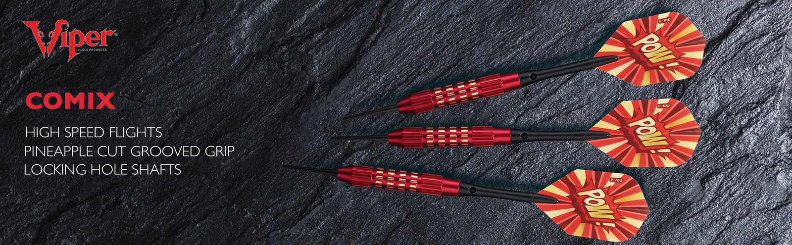 Three Viper Comix darts with blue barrels, white grip bands, and blue flights printed with yellow 'BAM!' text on dark textured background
