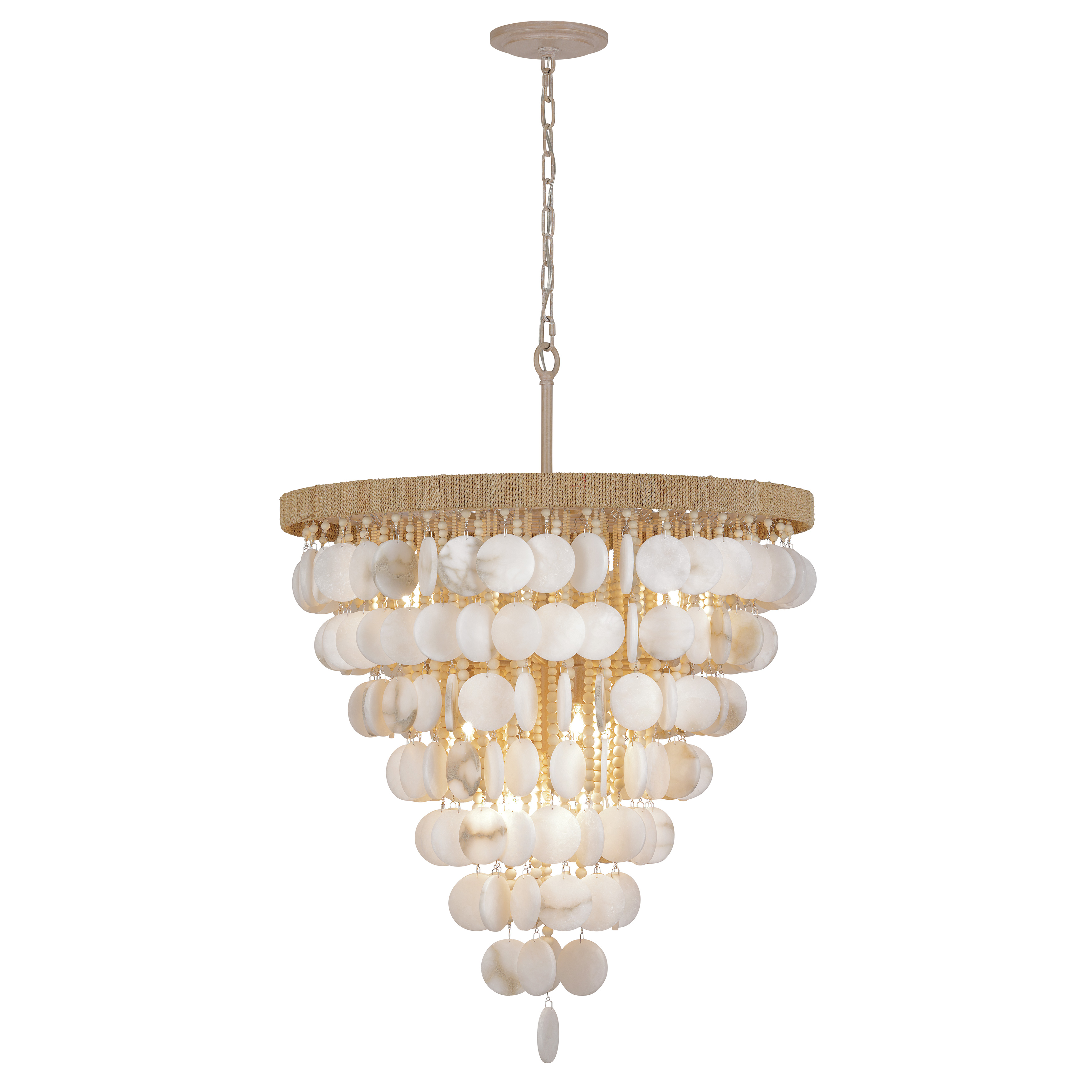 This stunning 12-light pendant combines natural alabaster stone with decorative coco beads and rope details, creating a sophisticated coastal aesthetic. The generous 28.5-inch diameter and Autumn White finish bring warmth and texture to large spaces. - alternate view