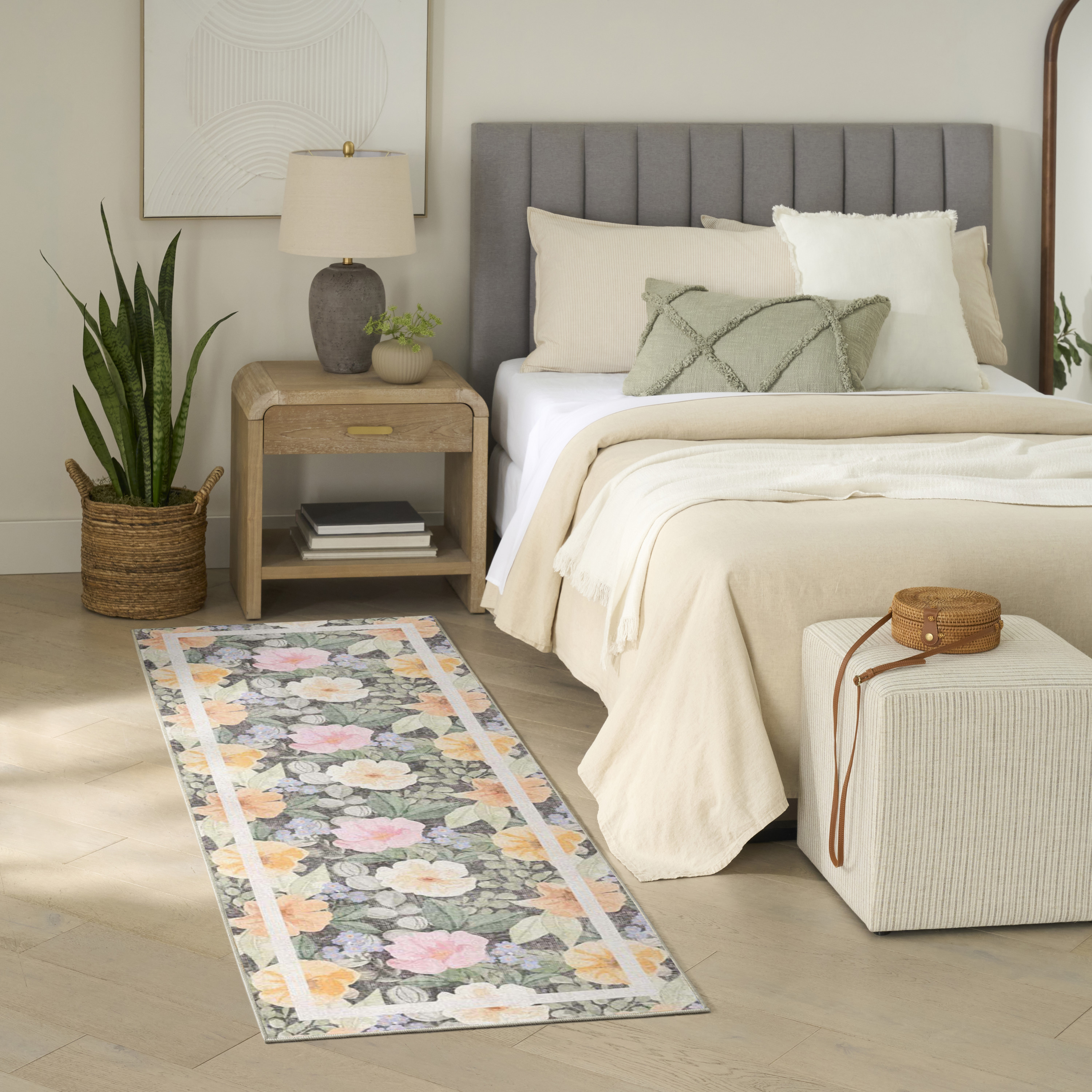 Nourison Botanical Washables 2' x 6' Charcoal Multicolor Farmhouse Indoor Rug