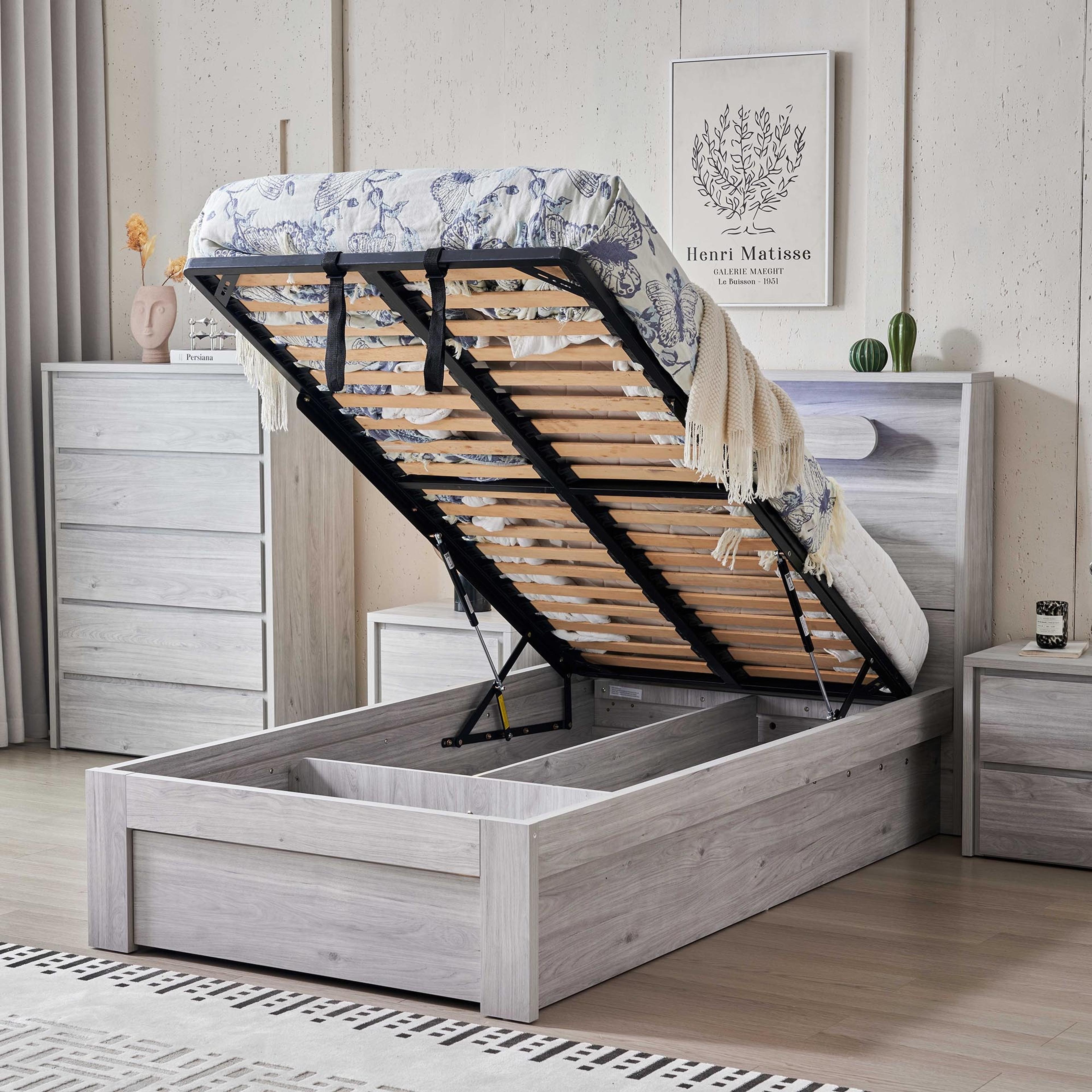 Lifestyle image of the Nova Bed Frame, Front Slat Gas Lift Base, Stone Oak from Forty Winks