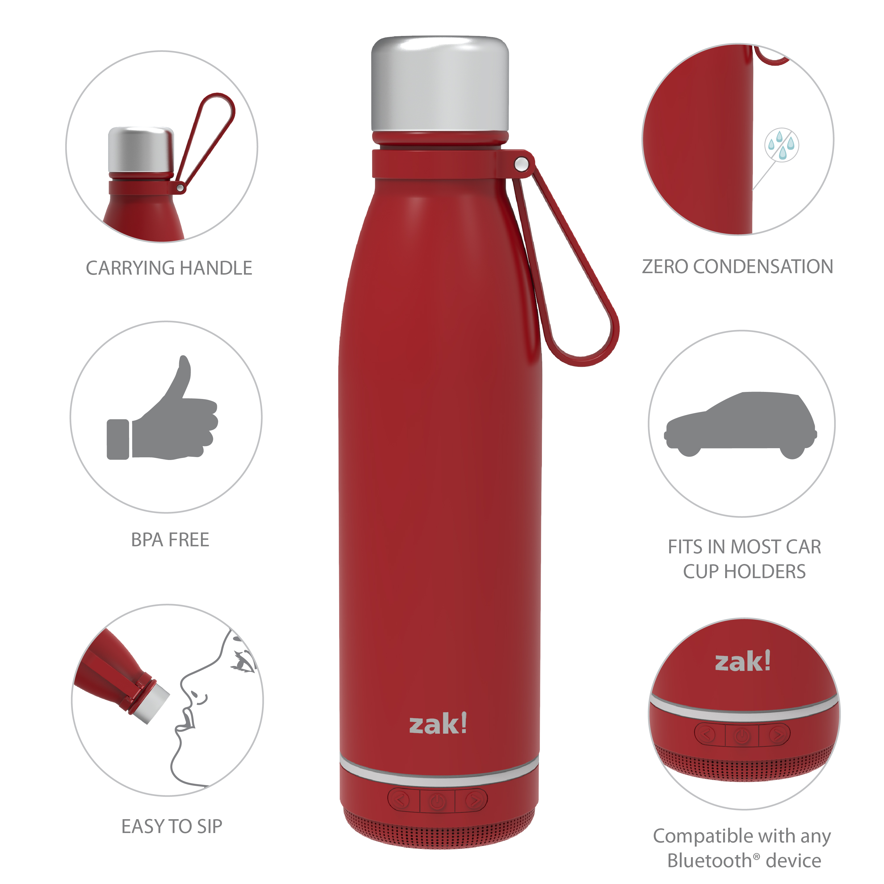 Zak Play 17.5 ounce Stainless Steel Tumbler with Bluetooth Speaker, Red