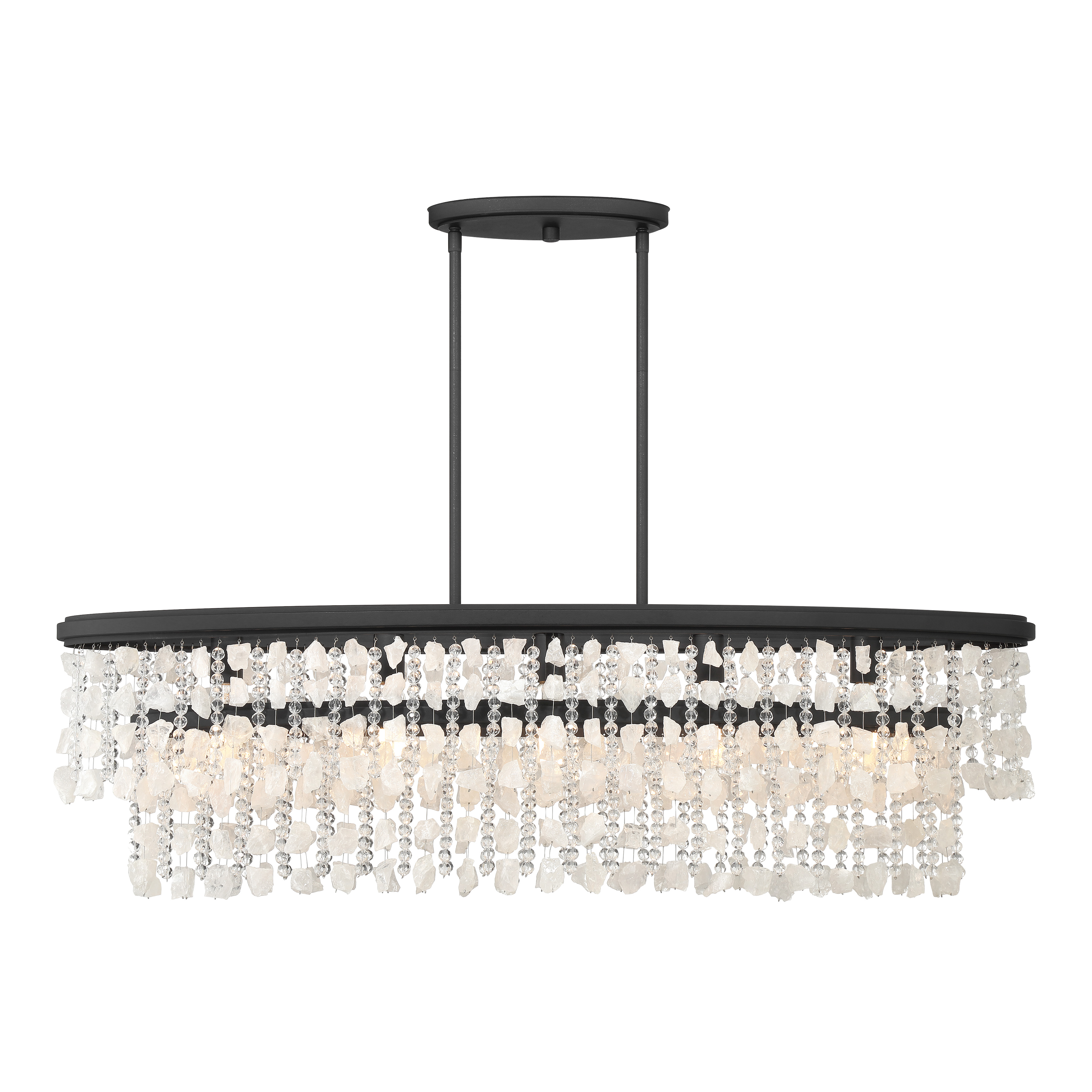 The Shimmering Elegance brings dramatic sophistication to kitchen islands and dining spaces with its 48-inch linear design. Quartz crystalline and cut glass beads cascade beautifully, creating captivating light reflections while the Sand Coal Black finish adds contemporary edge. - alternate view