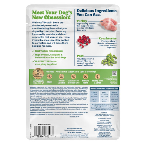 Wellness Protein Bowls Turkey, Cranberries & Peas back packaging