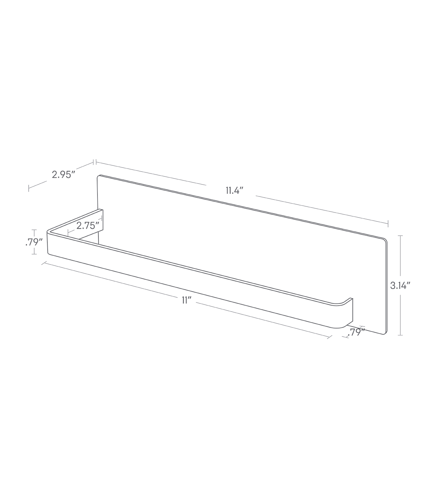 Dimenision image for Magnetic Paper Towel Holderon a white background showing total width of 11.4 inches, length of 2.95 inches, height of 3.14 inches. The ber of the item shows width of 11 inches, length of 2.75 inches, height of 0.79 inches. The other side of the bar shows length of 0.79 inches.