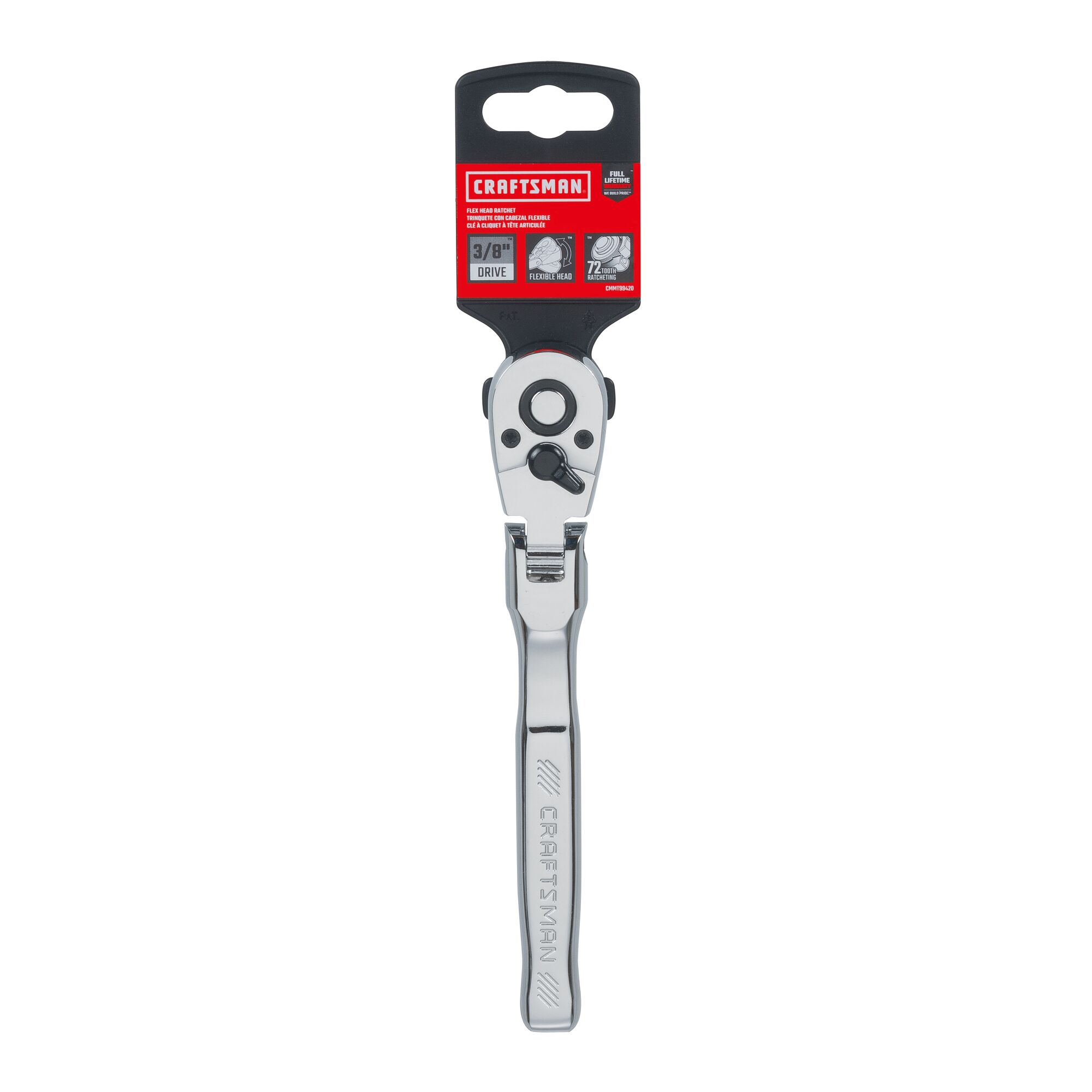72 tooth 3 eighth inch drive quick release flexible head standard ratchet with packaging tag.