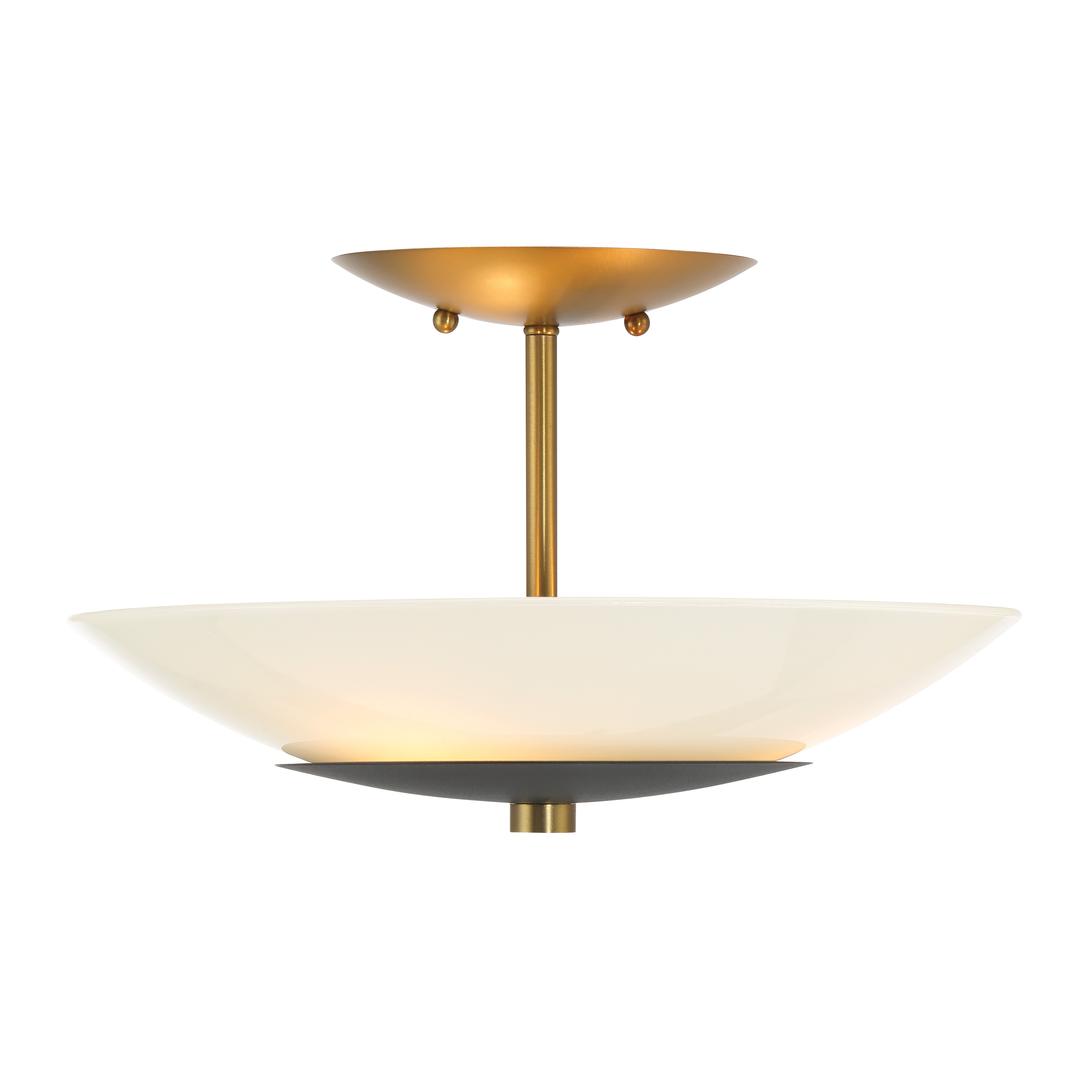 The Bax semi-flush mount combines coal black metal with soft brass accents and frosted opal glass for a sophisticated modern look. At 14" wide, it's perfectly sized for smaller spaces needing ambient lighting. - alternate view