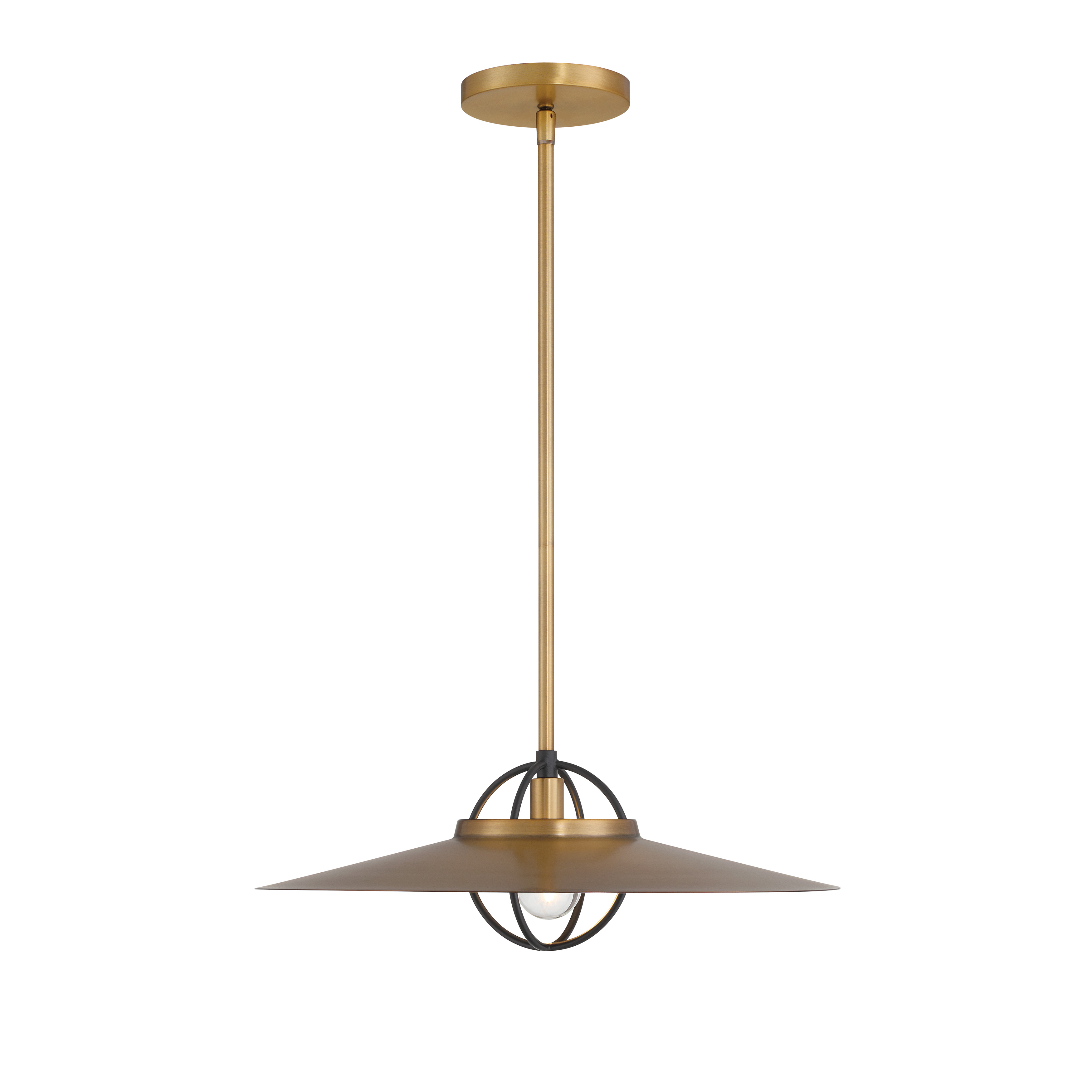 The Newburie 17" pendant combines Legacy Brass warmth with Matte Black accents in a compact modern design. Perfect for smaller spaces, this single-light fixture delivers focused illumination with contemporary industrial style. - alternate view