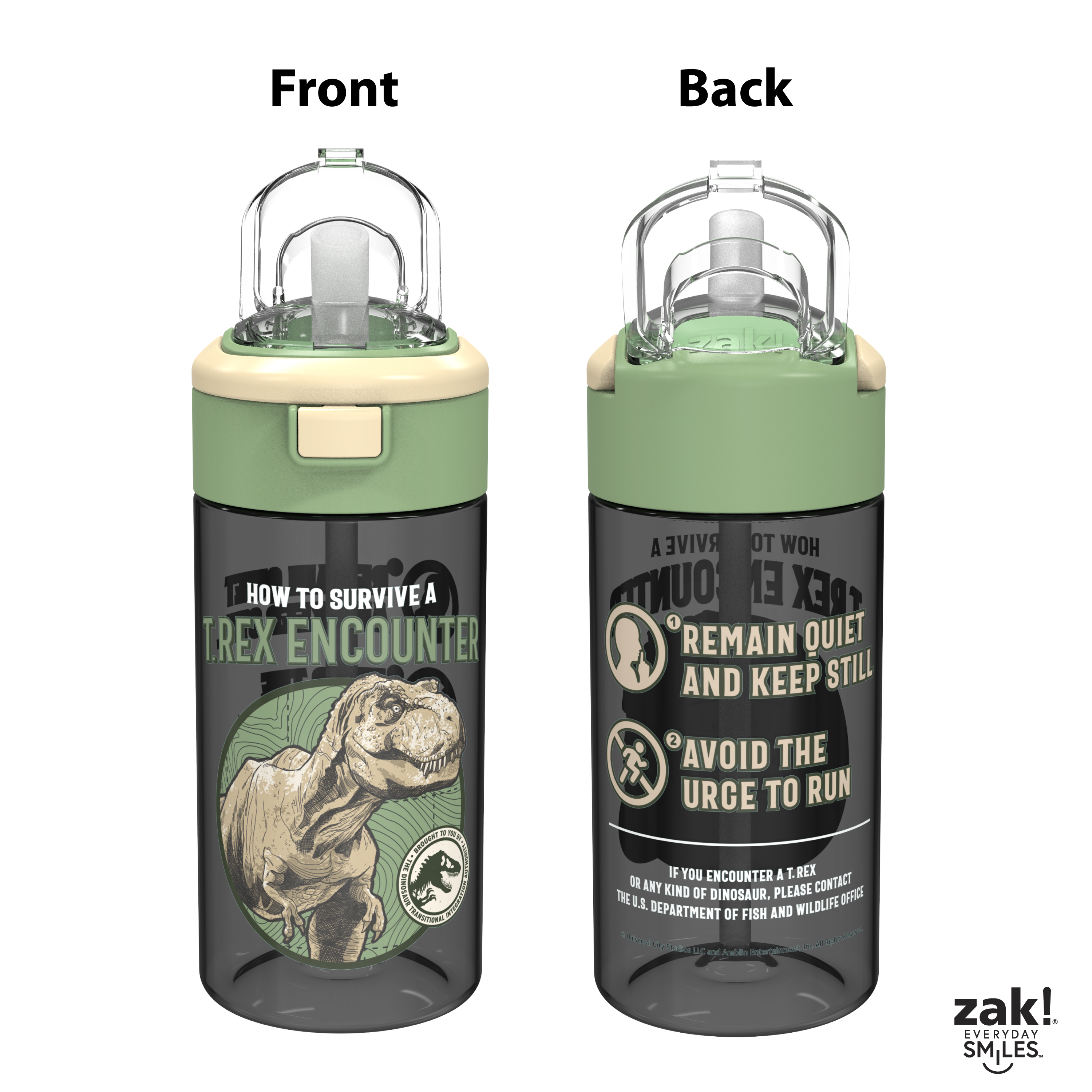Jurassic World Dominion 18 ounce Reusable Plastic Water Bottle with Push-button lid, How to Survive a T-Rex Encounter, 2-piece set slideshow image 7