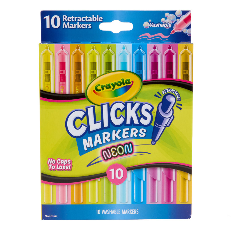 Clicks Washable Retractable Markers, Neon Colors, 10 Count
