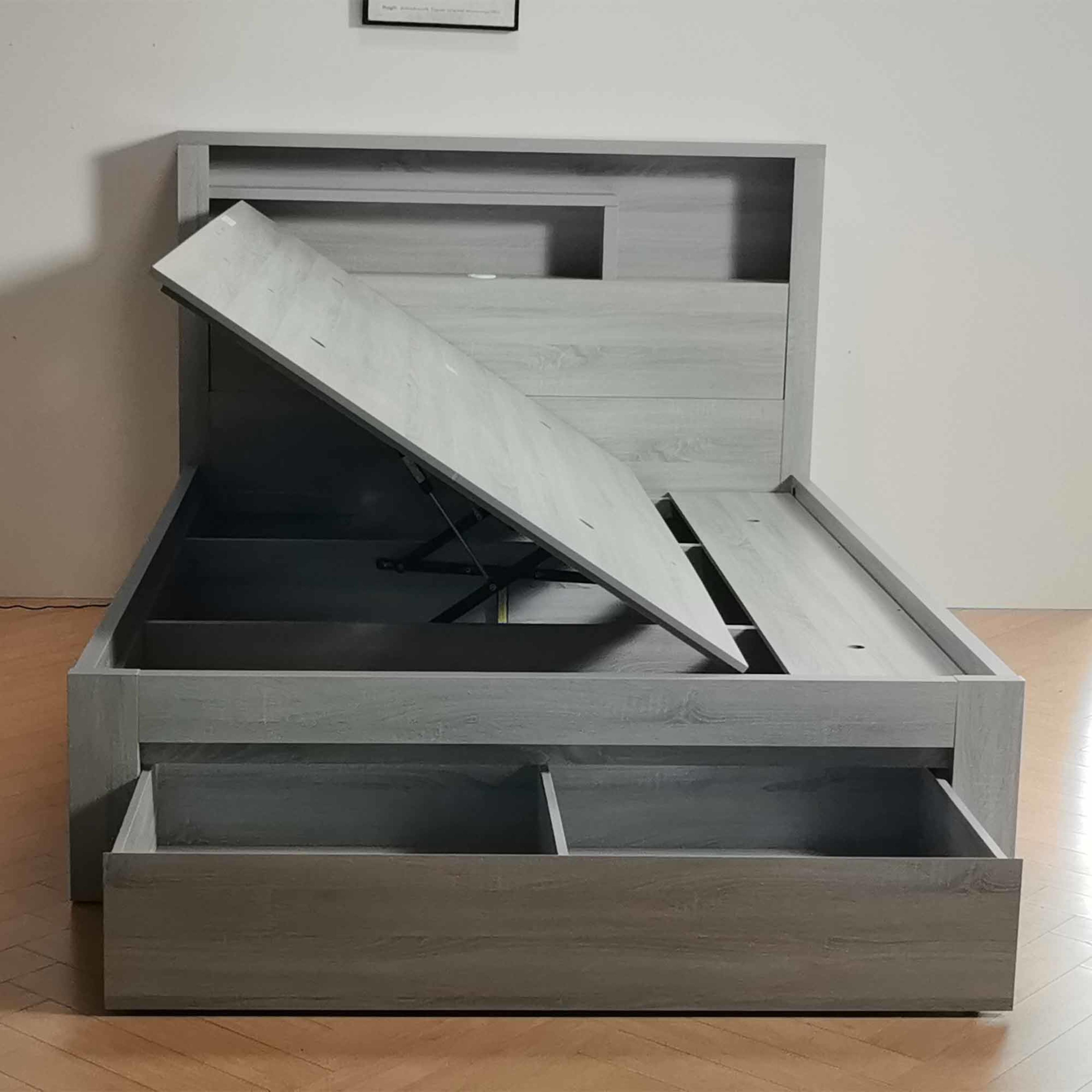 Lifestyle image of the  Bellevue Bed Frame, Side Gas Lift & End Drawer Base, Cement Grey from Forty Winks