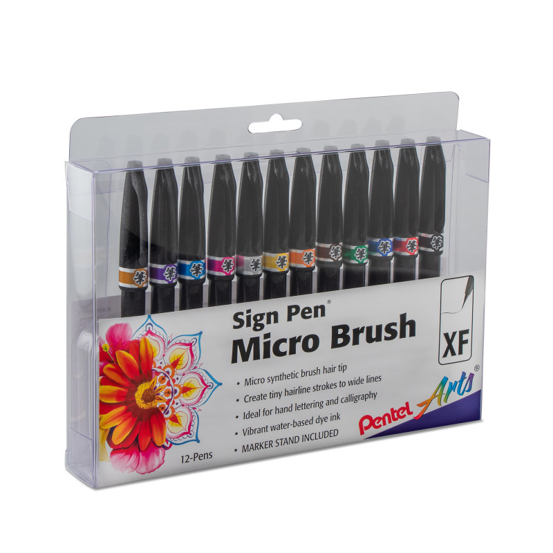 Sign Pen Micro Brush Tip, Assorted Ink Colors, 12-Pack in Plastic Box