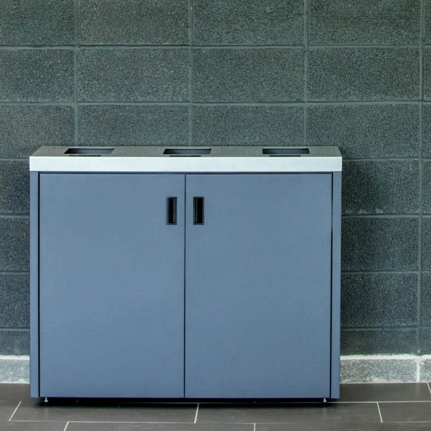 powder coated steel waste and recycling bin with three collection streams in a college campus