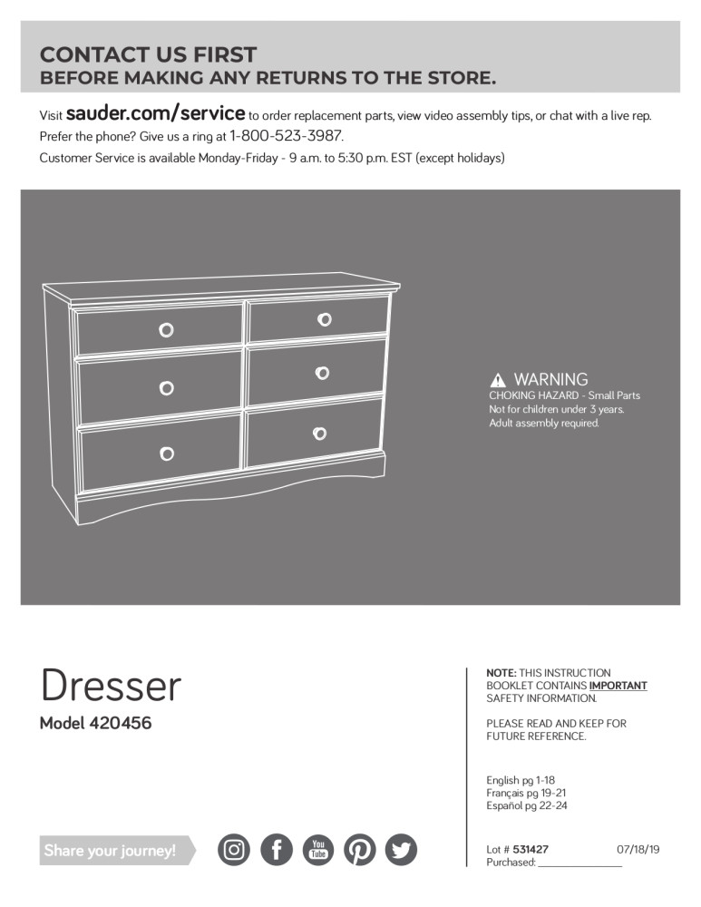 Sauder Storybook 6Drawer Dresser, Soft White Finish