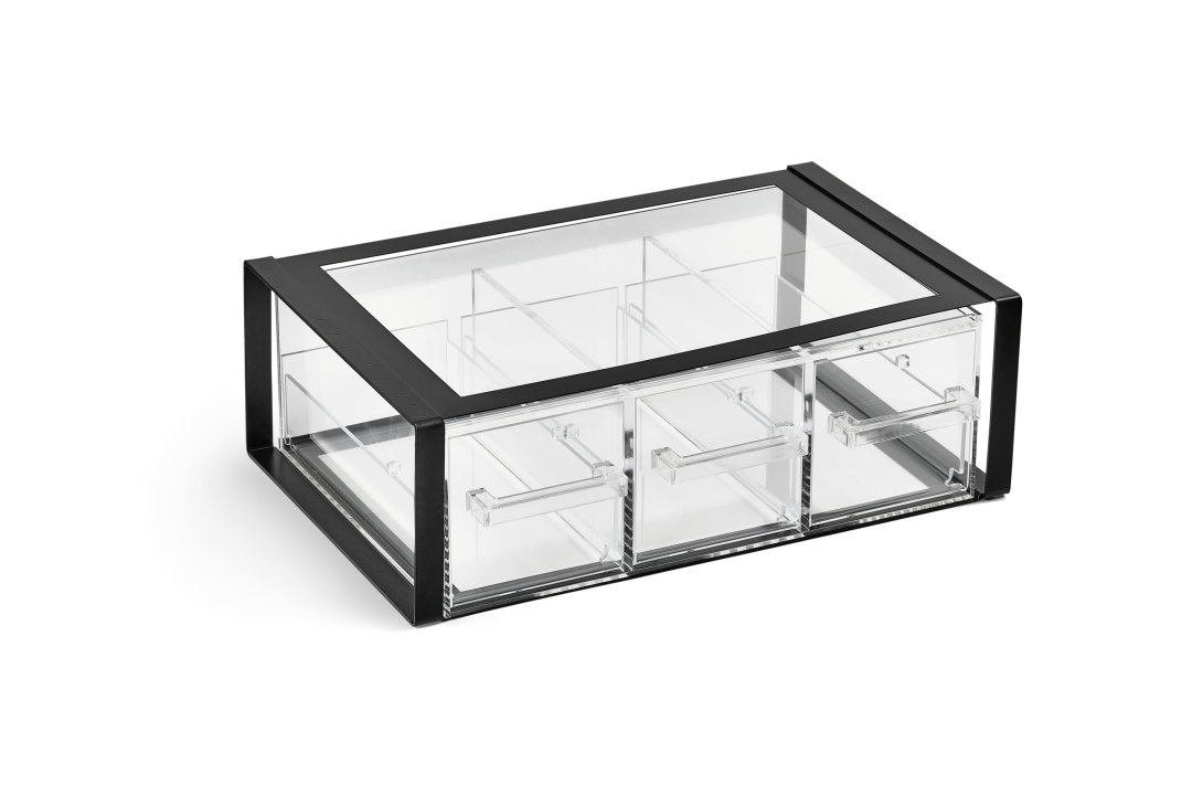 Cubic modular display bin with three ⅓-size drawers and black frame