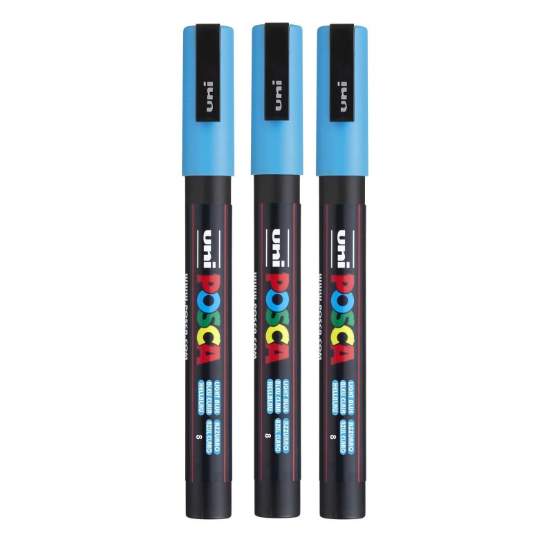 uni® PC-3M Water-Based Paint Markers, Reversible Fine Tip (0.9-1.3mm), Light Blue, Set of 3