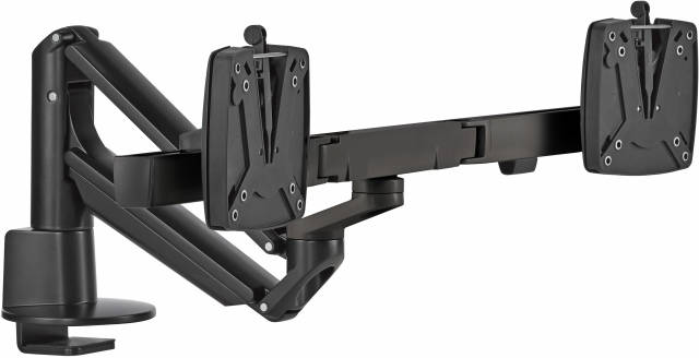 The Novus CLU Plus X2 monitor arm in black at its lowest viewing level.