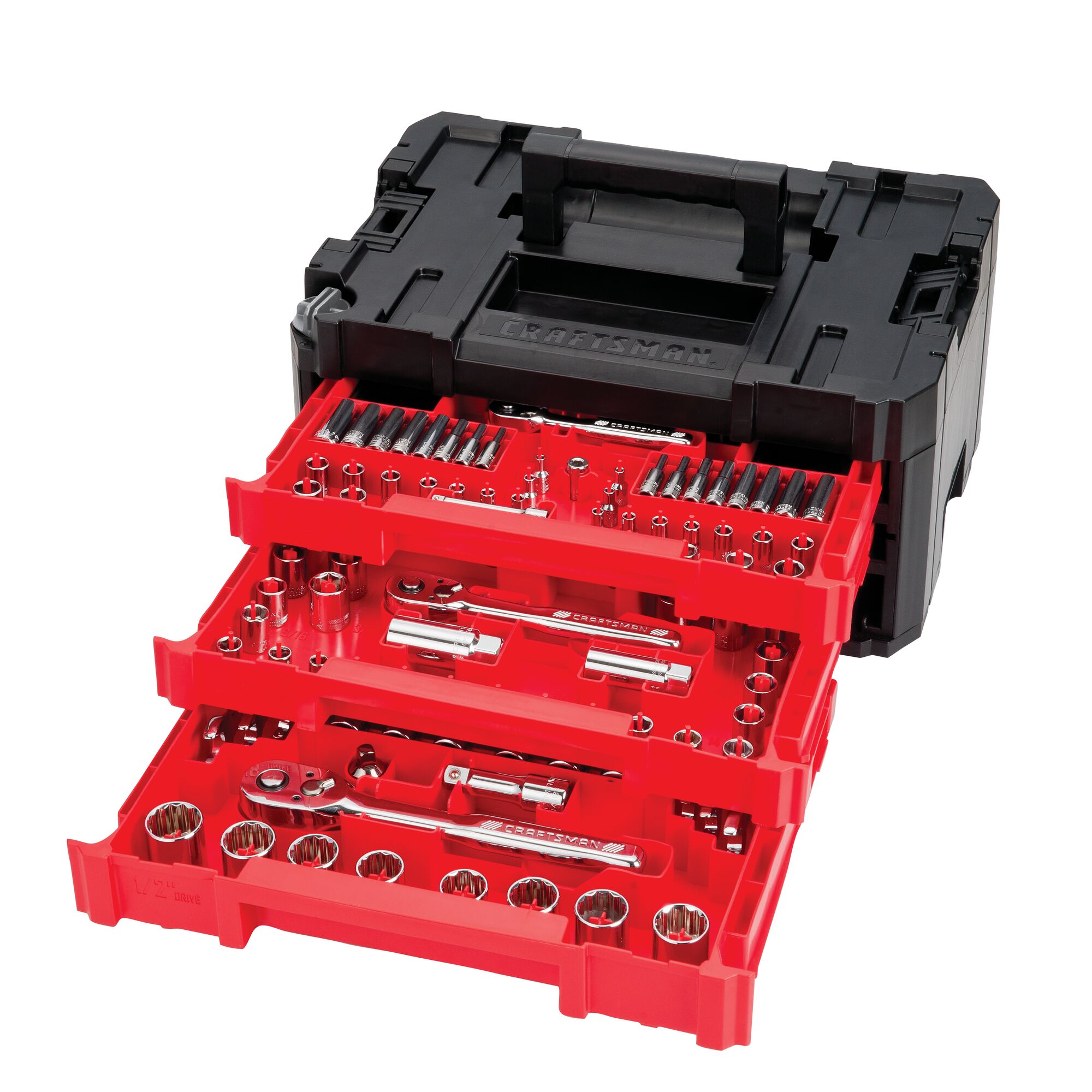 Layout of the contents of the CRAFTSMAN VERSASTACK 262 piece 3-Drawer Mechanic Tool Set.