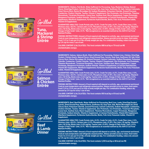 <p>Tuna, Mackerel & Shrimp – Chicken, Fish Broth, Water Sufficient for Processing, Tuna, Mackerel, Shrimp, Natural Flavor, Dried Egg Product, Carrots, Dried Ground Peas, Guar Gum, Sunflower Oil, Salt, Calcium Carbonate, Dried Chicory Root, Marine Microalgae Oil, Sodium Phosphate, Potassium Chloride, Ground Flaxseed, Cranberries, Choline Chloride, Taurine, Vitamin E Supplement, Zinc Proteinate, Iron Proteinate, Thiamine Mononitrate, Tricalcium Phosphate, Cassia Gum, Xanthan Gum, Niacin Supplement, Copper Proteinate, Manganese Proteinate, Sodium Selenite, Vitamin A Supplement, d-Calcium Pantothenate, Vitamin B12 Supplement, Riboflavin Supplement, Pyridoxine Hydrochloride, Biotin, Folic Acid, Potassium Iodide, Vitamin D3 Supplement. </p>
<p>Salmon & Chicken – Salmon, Salmon Broth, Water Sufficient for Processing, Chicken Liver, Chicken, Dried Egg Product, Chicken Hearts, Natural Flavor, Dried Ground Peas, Carrots, Guar Gum, Sunflower Oil, Salt, Dried Chicory Root, Marine Microalgae Oil, Ground Flaxseed, Calcium Carbonate, Sodium Phosphate, Potassium Chloride, Cranberries, Choline Chloride, Taurine, Vitamin E Supplement, Zinc Proteinate, Iron Proteinate, Thiamine Mononitrate, Tricalcium Phosphate, Cassia Gum, Xanthan Gum, Niacin Supplement, Copper Proteinate, Manganese Proteinate, Sodium Selenite, Vitamin A Supplement, d-Calcium Pantothenate, Vitamin B12 Supplement, Riboflavin Supplement, Pyridoxine Hydrochloride, Biotin, Folic Acid, Potassium Iodide, Vitamin D3 Supplement. </p>
<p>Beef & Lamb – Beef, Beef Broth, Water Sufficient for Processing, Beef Liver, Lamb, Dried Egg Product, Carrots, Dried Ground Peas, Natural Flavor, Sunflower Oil, Guar Gum, Salt, Marine Microalgae Oil, Dried Chicory Root, Potassium Chloride, Ground Flaxseed, Calcium Carbonate, Sodium Phosphate, Cranberries, Choline Chloride, Taurine, Vitamin E Supplement, Zinc Proteinate, Iron Proteinate, Tricalcium Phosphate, Cassia Gum, Xanthan Gum, Niacin Supplement, Thiamine Mononitrate, Copper Proteinate, Manganese Proteinate, Sodium Selenite, Vitamin A Supplement, d-Calcium Pantothenate, Vitamin B12 Supplement, Riboflavin Supplement, Pyridoxine Hydrochloride, Biotin, Folic Acid, Potassium Iodide, Vitamin D3 Supplement.</p>
