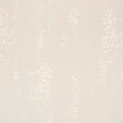 Pale beige wallpaper patterned with faint vertical cream floral vines covers a wall, creating a subtle, softly lit neutral background suitable for a calm interior.
