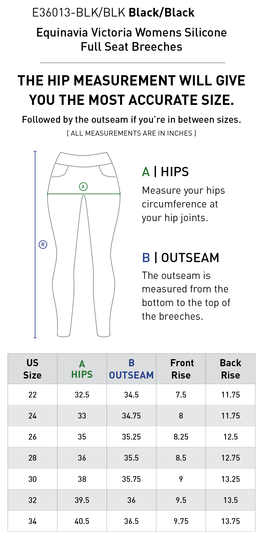 Size chart for Equinavia Victoria Womens Silicone Full Seat Breeches - Black/Black