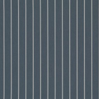 Navy-blue wallpaper with evenly spaced thin white vertical pinstripes covering a flat surface; it hangs statically, shown as a close-up with uniform, neutral lighting and no surrounding context.